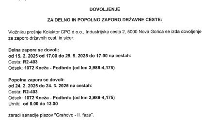 Zapora DC Kneža–Podbrdo na Grahovem (dovoljenje)
